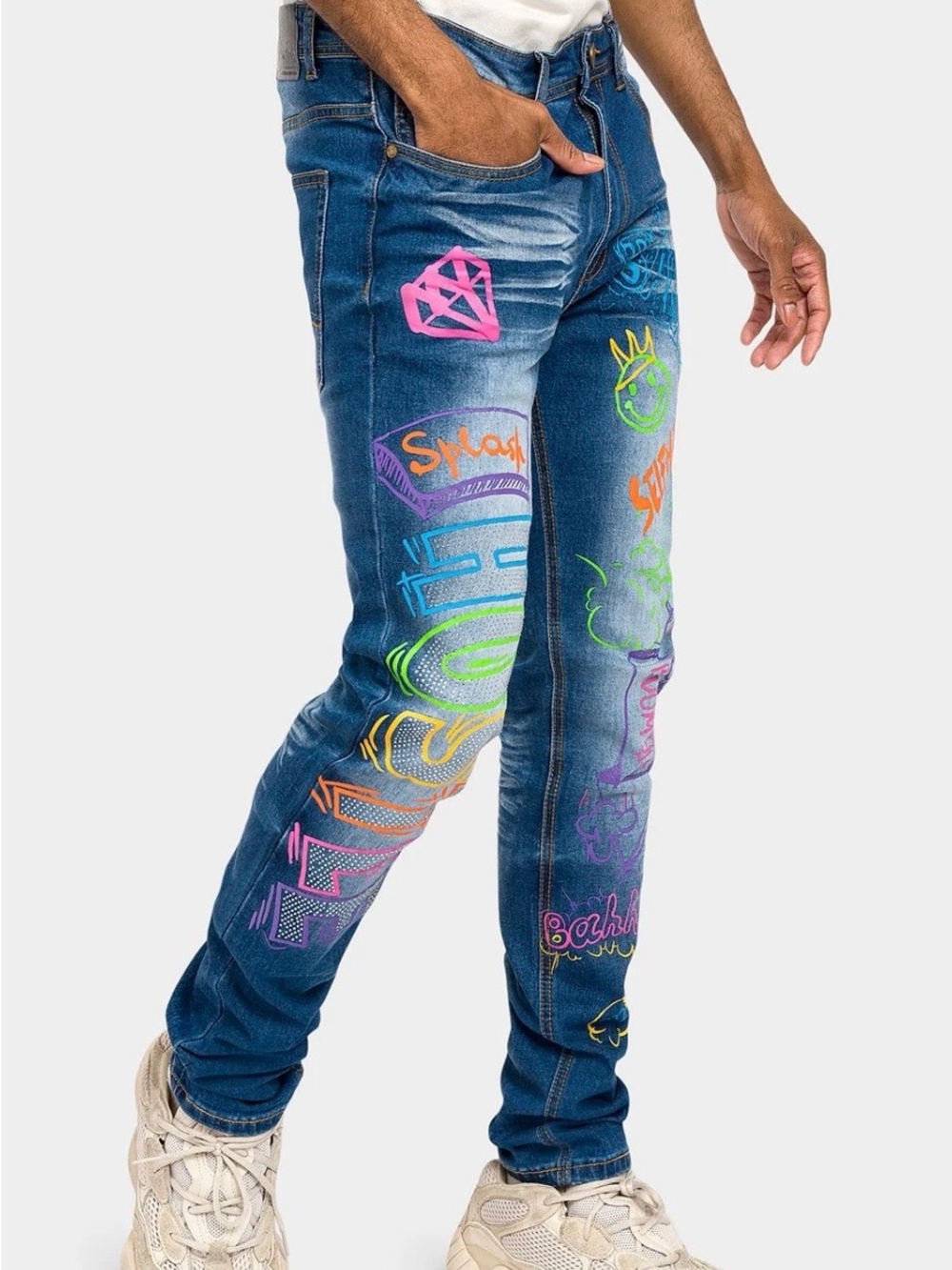 Men's  Dark Blue Skinny Jeans with Neon Graffiti Accents